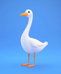 Fototapeta premium A serene white duck with a vibrant yellow beak stands gracefully on a calming blue surface, reflecting tranquility and nature's beauty.