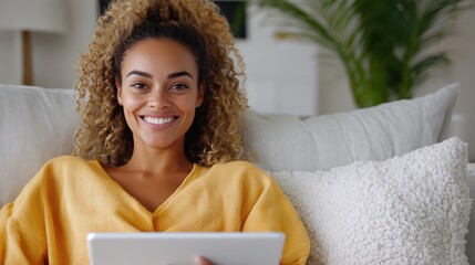 Cheerful young woman enjoying her favorite digital content on a cozy couch