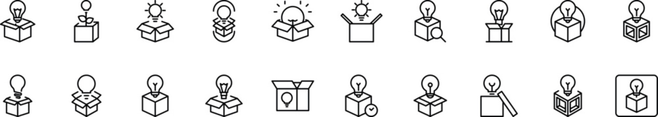 Light Bulb in Box Line Icon Pack. Outline Signs for Graphic and Web Design, Apps, Adverts, Various Cards