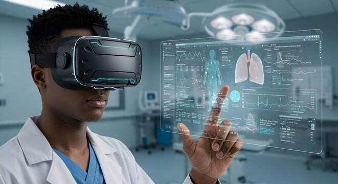African american male doctor using virtual reality headset in medical office examining digital lung scans on virtual screen. Modern healthcare technology concept
