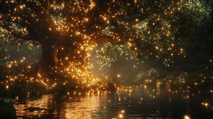 Naklejka premium Magical glowing tree by water at night.