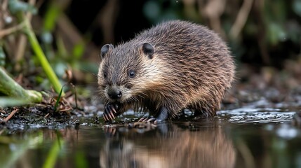 Baby beaver in shallow water, forest background