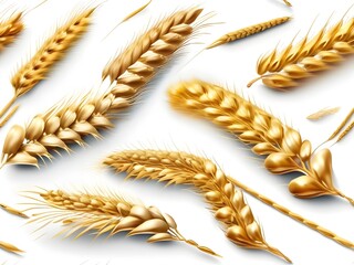 Isolated horizontal wheat ears with a clipping trail on a white background. complete depth of field. Artificial Intelligence