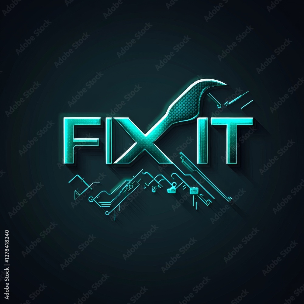 Poster fix it: technical service logo with wrench and circuit board design in teal on dark background