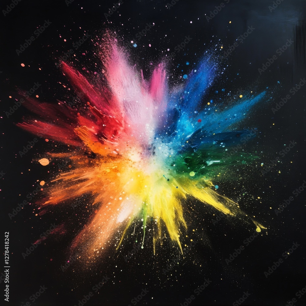 Poster explosion of rainbow colors: a vibrant powder paint burst against a dark backdrop creates a dynamic 