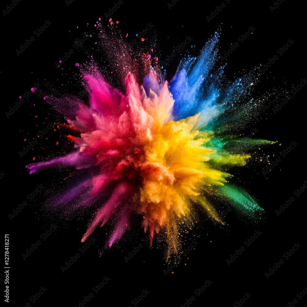 Poster explosion of vibrant colors: an abstract display of powder paint on a black background, creating a d