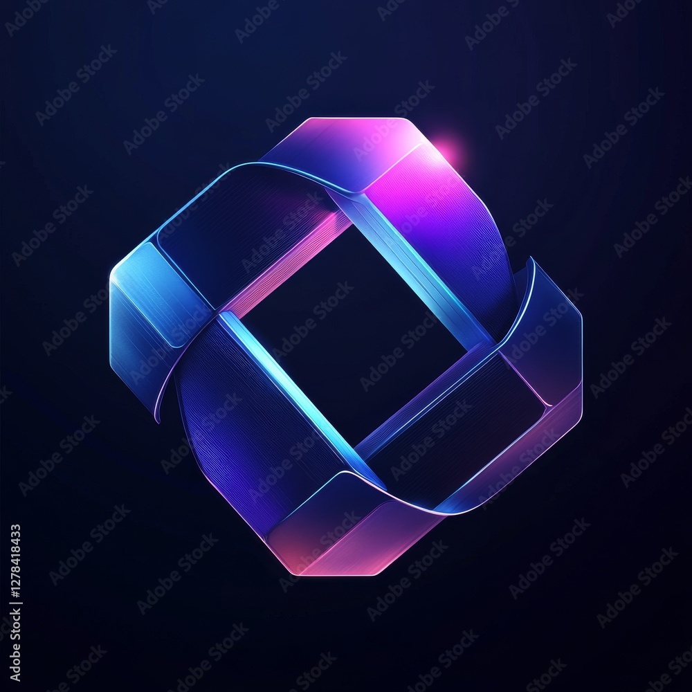 Poster futuristic abstract square knot: a gleaming 3d render with blue and pink gradient on dark background