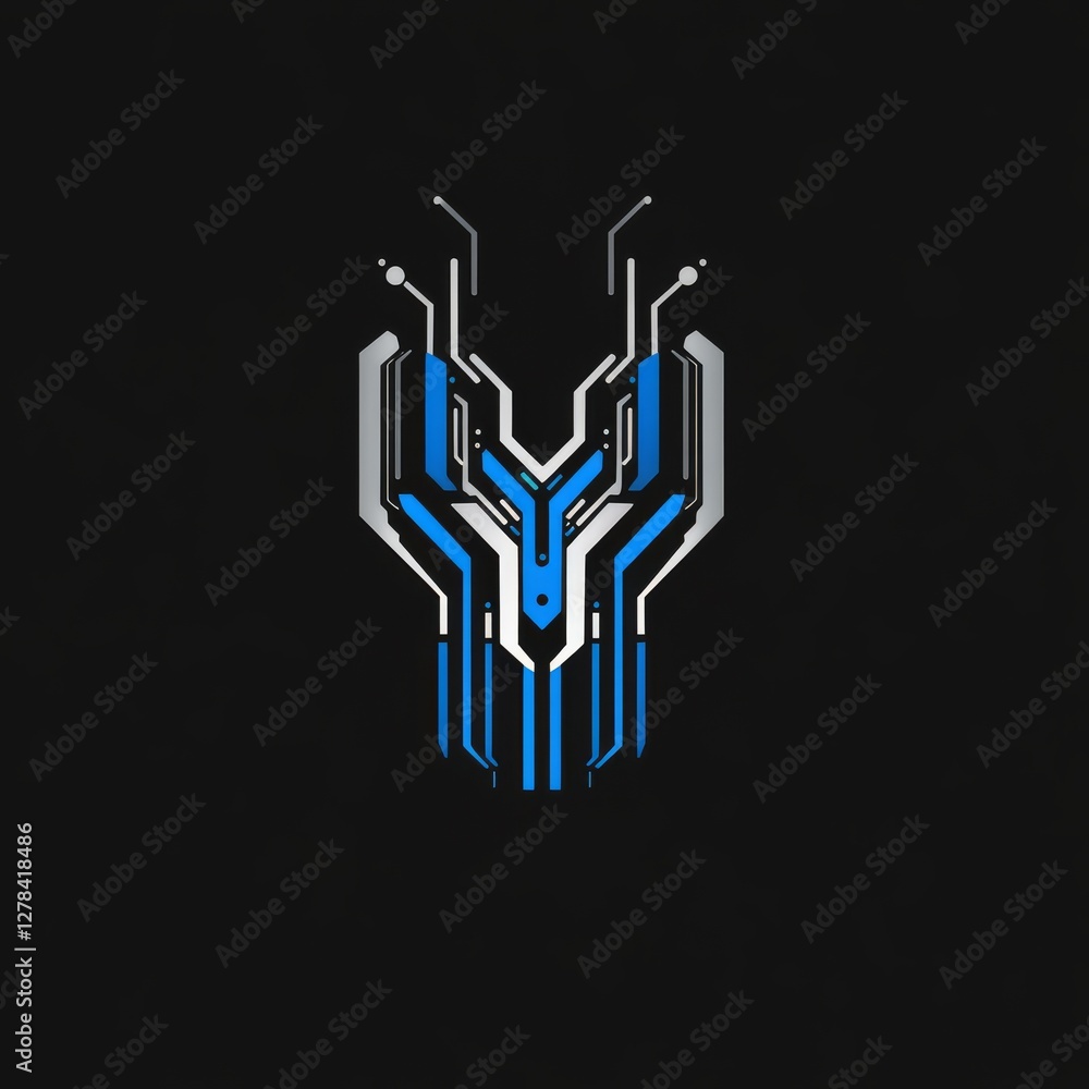 Poster futuristic cybernetic circuitry design featuring blue and white lines against a dark background. dig
