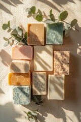 Artisanal handmade soap bars in various earthy colors arranged on beige textured background with eucalyptus sprigs and soft shadow pattern. Generative AI