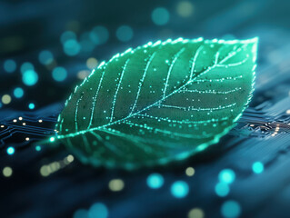 neon green leaf with glowing details rests on circuit board, symbolizing fusion of nature and technology
