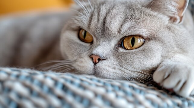 Mesmerizing gray cat with striking yellow eyes gazing intently