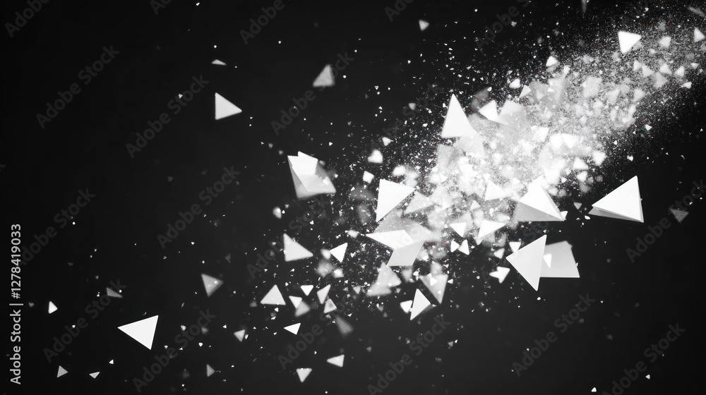 Poster abstract white triangles exploding on black background.
