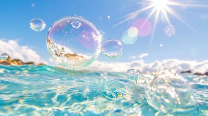 Air bubbles rise in the clear, blue water