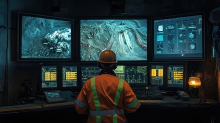 Mining engineer monitoring operation via multiple screens.