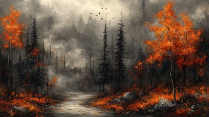 Autumn forest path, misty mountains, birds flying, fall foliage, nature scene