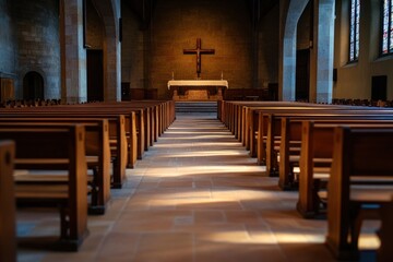 Empty church sanctuary, sunlight, stone floor, wooden pews, peaceful worship