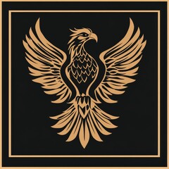 Fototapeta premium Majestic Eagle Emblem: Golden Bird of Prey with Outstretched Wings on a Black Background, Framed with a Golden Border