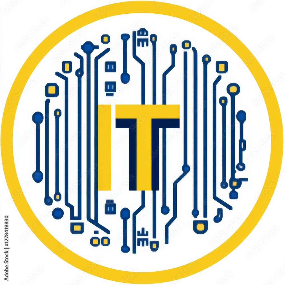 Poster Modern IT Logo Design with Circuit Board Pattern and Bold Yellow Accents, Presenting a Sleek and Technological Image 