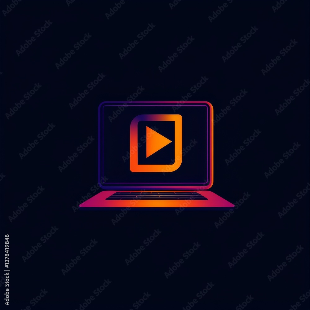 Poster modern laptop with play button on screen, gradient color scheme, and dark background