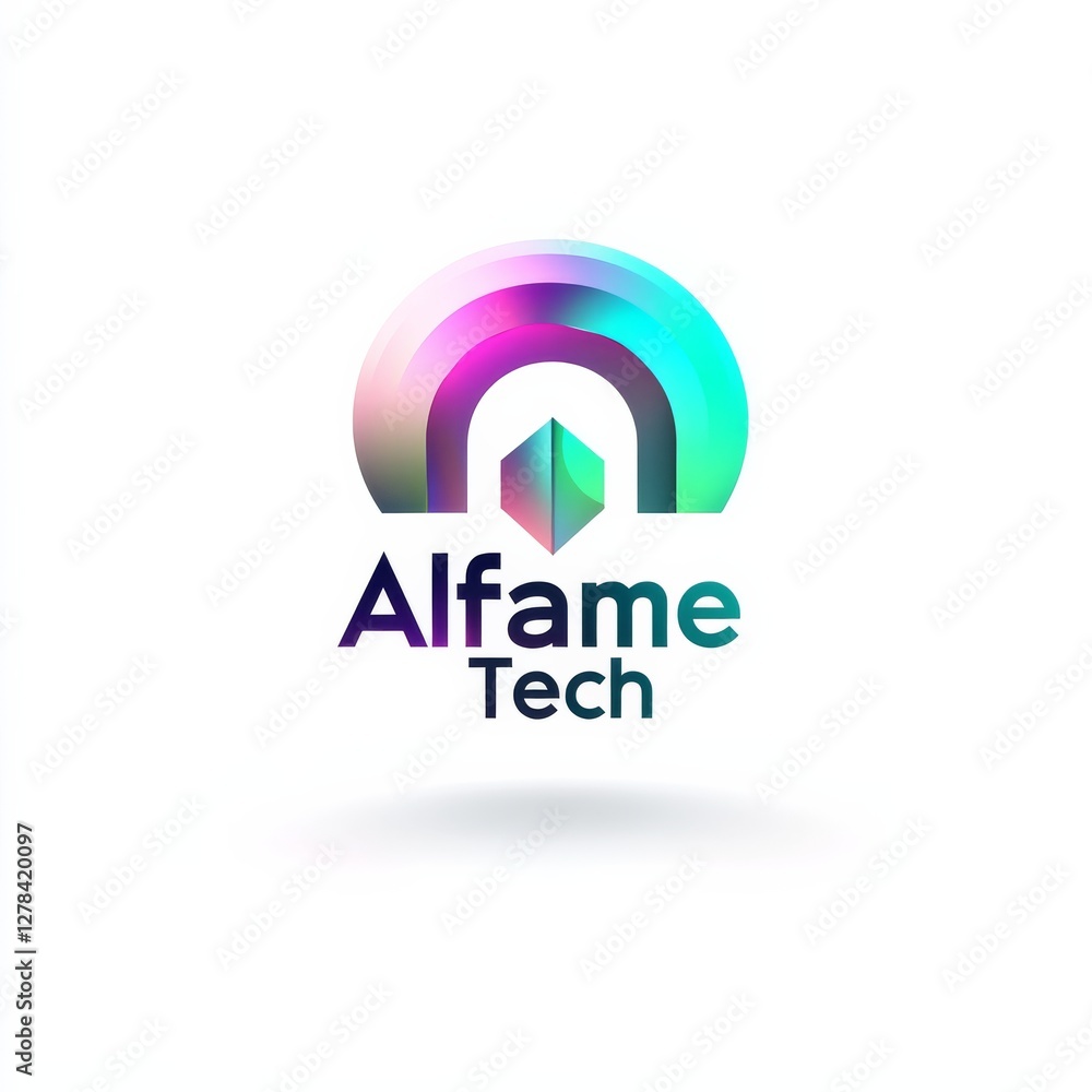 Poster Modern Tech Logo Design: Alfame Tech with Vibrant Gradient Arch and Diamond Cube Symbol