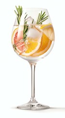 A refreshing cocktail in a glass with citrus slices and aromatic herbs.