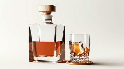 Elegant whiskey decanter and glass filled with aromatic spirit on a minimalist background.