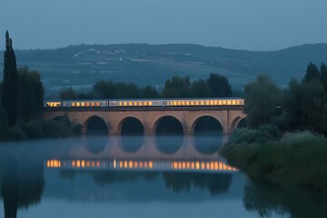 Train Crossing a Stone Bridge at Dusk with Calm Water Reflection