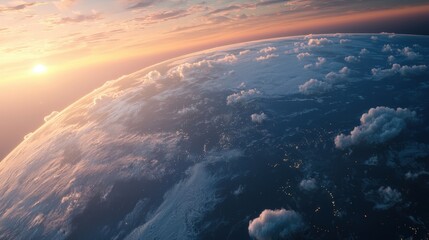 Fototapeta premium A breathtaking view of Earth from space at sunrise, showcasing clouds and land beneath a colorful sky.