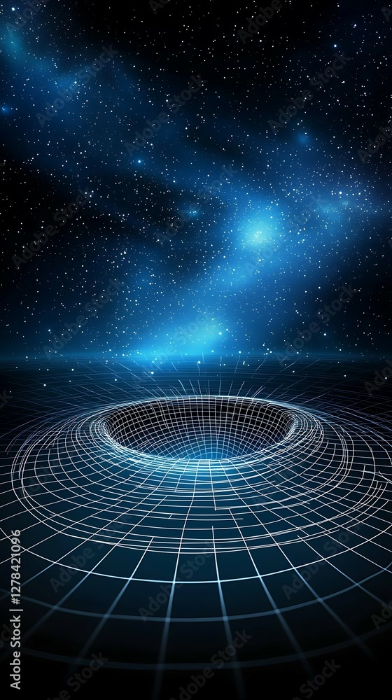 Aufkleber a cosmic scene featuring a black hole surrounded by a starry galaxy, with a grid-like surface sugges