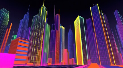 Obraz premium Neon cityscape at night, vibrant skyscrapers.