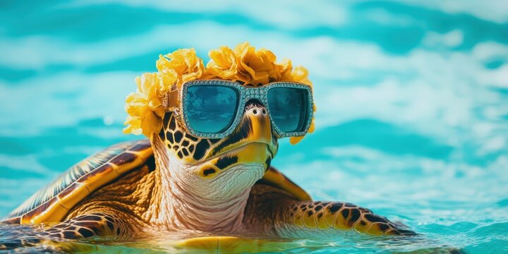 Turtle's Tropical Style: A cheerful turtle, sporting vibrant sunglasses and a stylish floral headpiece, bobs in the turquoise water, creating a whimsical image of island life.