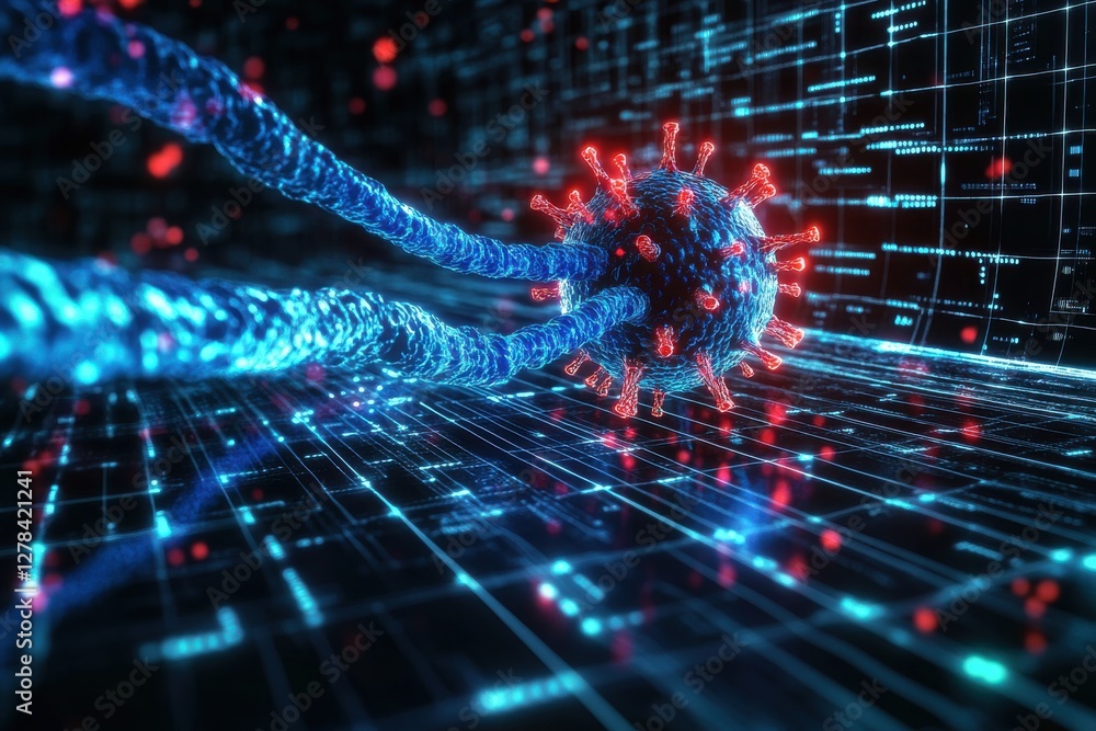 Poster a vividly detailed 3d rendering of a coronavirus cell attacking a digital data stream, showcasing it