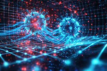 A vivid portrayal of interconnected coronavirus cells within a glowing network, emphasizing the contagion's reach and impact on global health and science research.