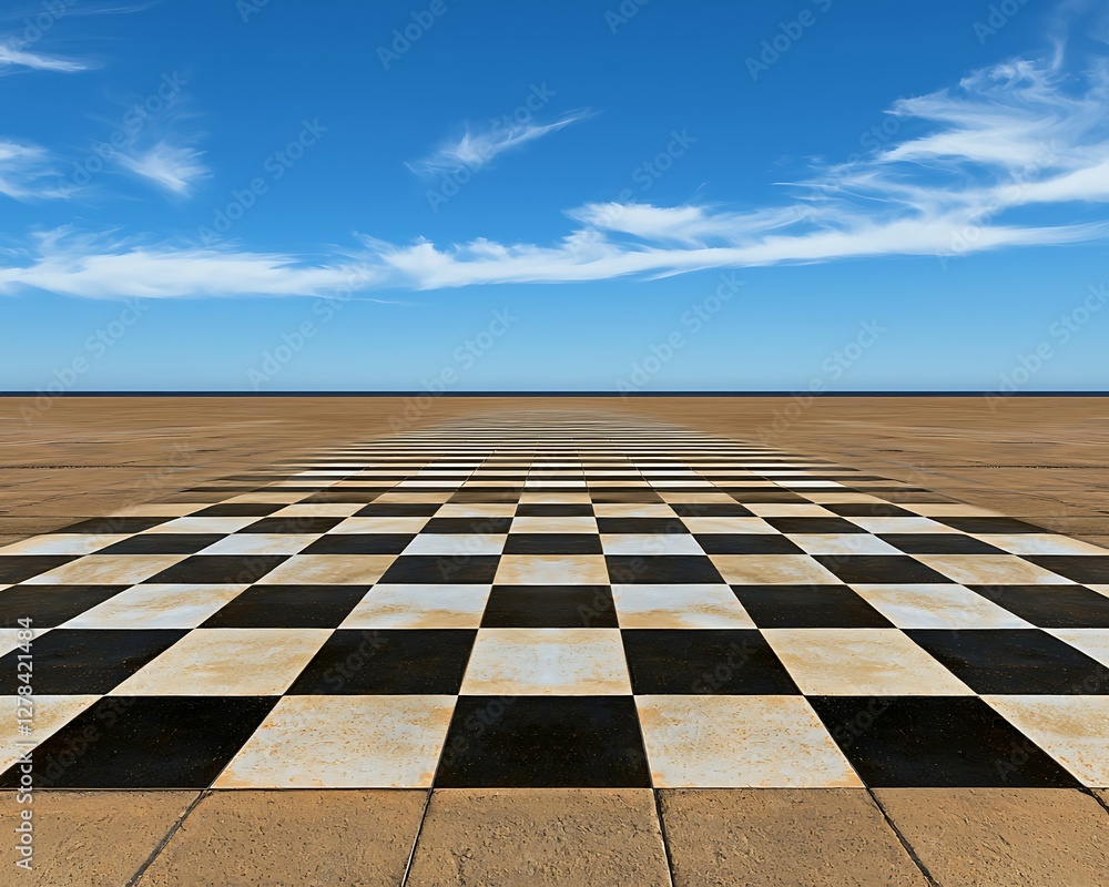 Poster a vast checkerboard pattern stretches across a barren landscape under a clear blue sky, creating a s