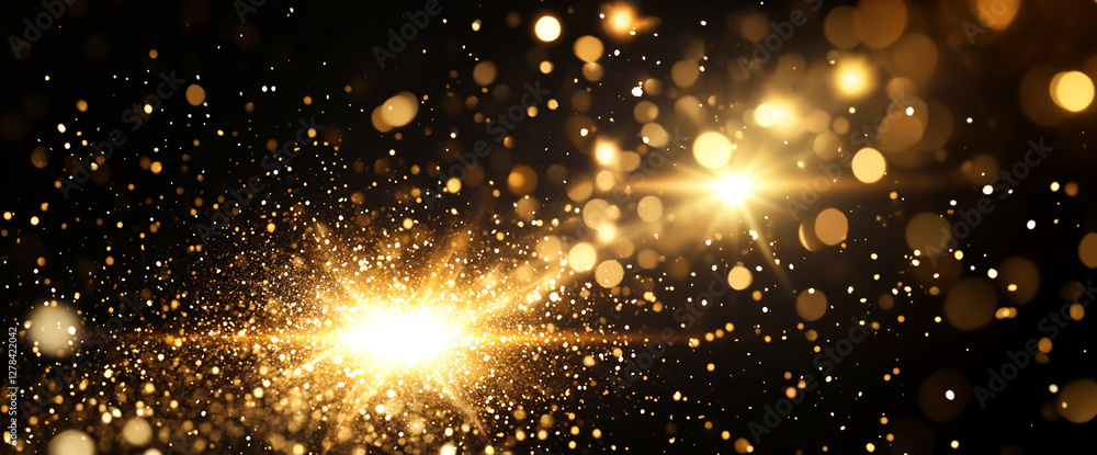 Poster a burst of golden glittering particles creating a dazzling light effect against a dark background, s
