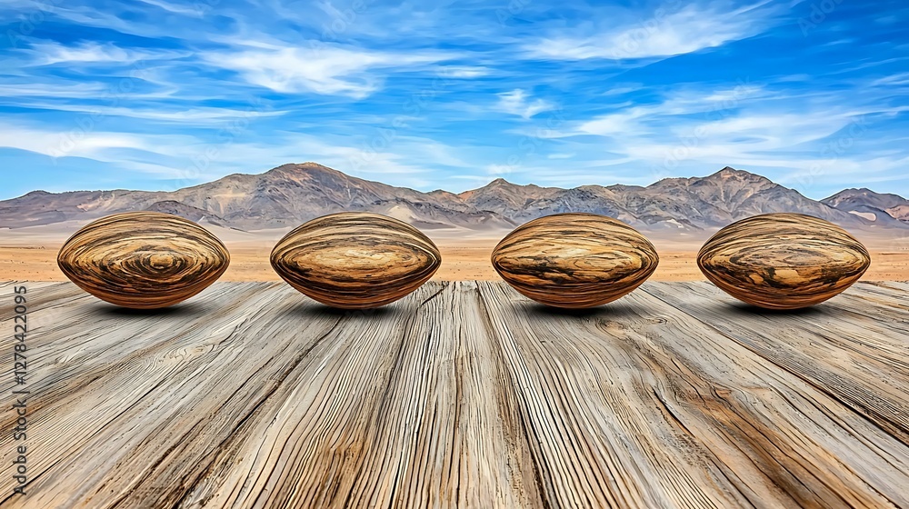Poster four textured rock-like objects are lined up on a weathered wooden surface, set against a backdrop o