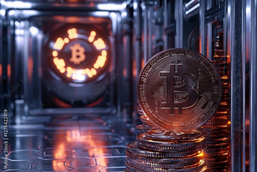 Aufkleber close-up of bitcoin coins in a futuristic environment, symbolizing cryptocurrency and blockchain tec