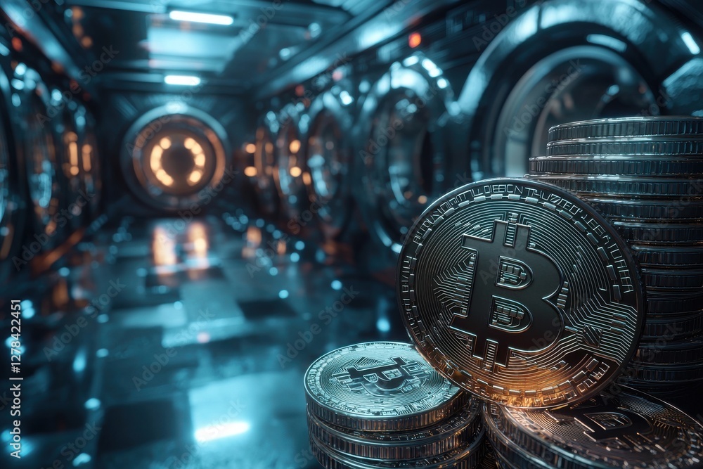 Poster a futuristic visualization of bitcoin, representing digital finance and blockchain technology in an 