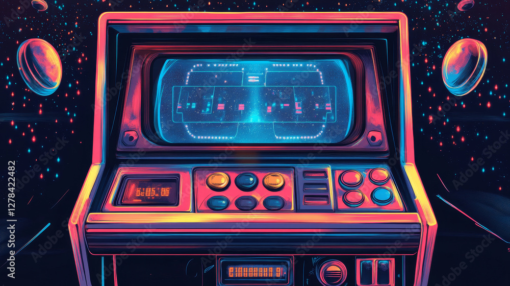 Poster retro arcade video game screen machine background. vintage 80s computer console poster with joystick