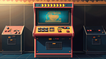 Retro arcade video game screen machine background. Vintage 80s computer console poster with joystick button template. Gamer interface with text element flyer design set. Isolated graphic illustration