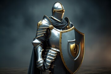 A knight in silver-gold armor holds a shield with a lock symbol, radiating strength.