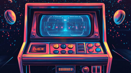 Retro arcade video game screen machine background. Vintage 80s computer console poster with joystick button template. Gamer interface with text element flyer design set. Isolated graphic illustration
