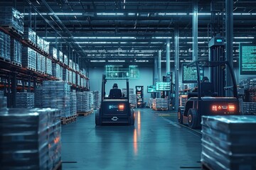 Futuristic warehouse with automated forklifts and digital displays showcasing inventory, highlighting efficient logistics, technology and advanced supply chain management in distribution center.