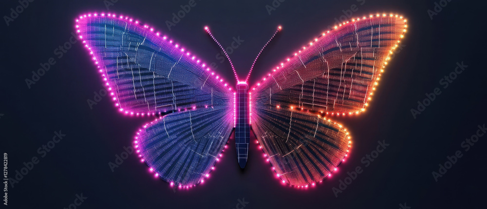 Poster digital butterfly with vibrant wings, showcasing colorful lights and patterns, symbolizing transform