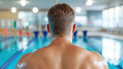 Unrecognizable swimmer poised on starting block at indoor pool