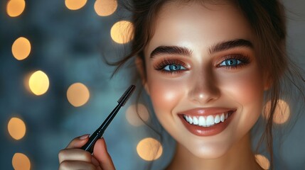 Obraz premium Beautiful young woman applies mascara to her eyelashes while smiling broadly