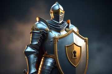 A warrior in silver-gold armor wields a shield with a lock emblem, exuding power.