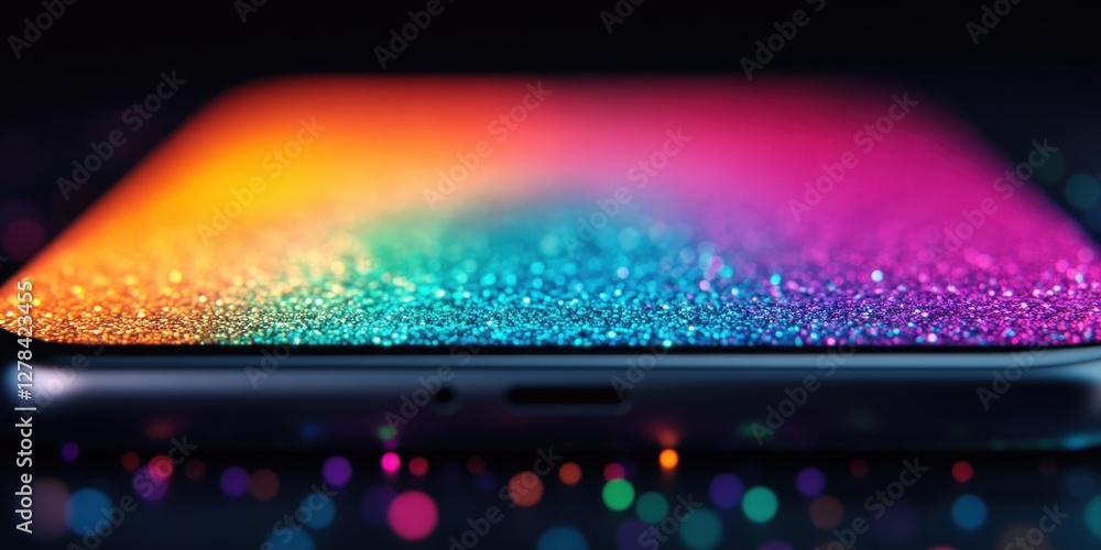 Aufkleber vibrant rainbow glitter on smartphone display with soft bokeh lights