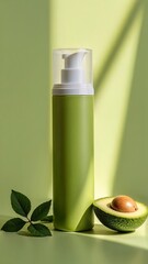 Dispenser with avocado on green background