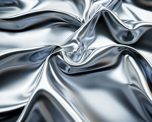Fototapeta premium Close-up of crinkled metallic silver fabric with smooth, shiny, and reflective texture, representing sleek and modern design, elegance, and luxury.